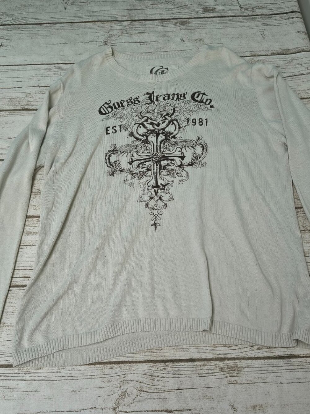 Vintage Guess Jeans Co Graphic Long Sleeve Knit Sweater Mens XL Off-White Cross